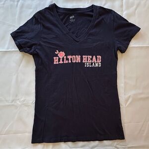 Soffe Hilton Head Island navy pink short sleeve‎ v-neck tee shirt juniors large